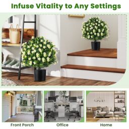 Gymax 2PCS Artificial Boxwood Topiary Ball Tree 54CM With Flowers & Pot in White - Size: 2 Pack - thumbnail 3