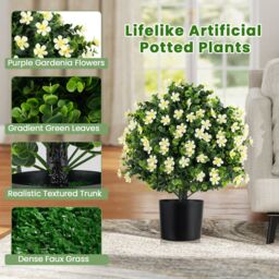 Gymax 2PCS Artificial Boxwood Topiary Ball Tree 54CM With Flowers & Pot in White - Size: 2 Pack - thumbnail 5