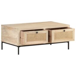 Berkfield Home Coffee Table 90x50x37 cm Solid Mango Wood & Natural Cane in Brown - Size: 90 x 50 x 37 cm - thumbnail 3