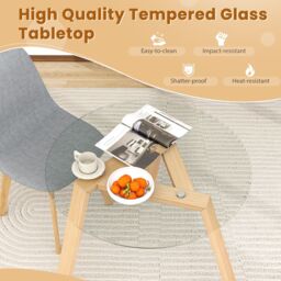 Gymax Round Glass Dining Coffee Table With Tempered Glass Tabletop Wood Base in Light Khaki - thumbnail 2