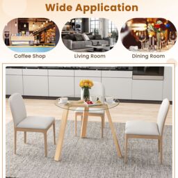 Gymax Round Glass Dining Coffee Table With Tempered Glass Tabletop Wood Base in Light Khaki - thumbnail 3