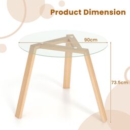 Gymax Round Glass Dining Coffee Table With Tempered Glass Tabletop Wood Base in Light Khaki - thumbnail 4