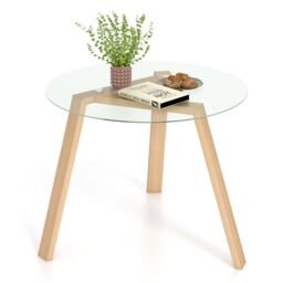 Gymax Round Glass Dining Coffee Table With Tempered Glass Tabletop Wood Base in Light Khaki