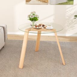 Gymax Round Glass Dining Coffee Table With Tempered Glass Tabletop Wood Base in Light Khaki - thumbnail 7