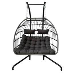 OHS Double Hanging Egg Chair Folding Swing Seat Hammock Patio Garden in Charcoal - thumbnail 1