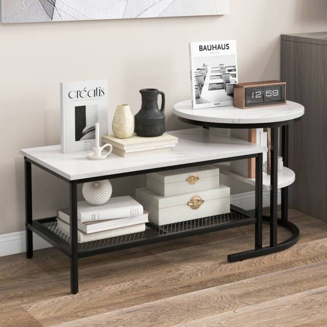 CASART 2PCS Coffee Table Nesting Set Detachable Faux Marble Side Table Set in Black - image 1