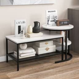 CASART 2PCS Coffee Table Nesting Set Detachable Faux Marble Side Table Set in Black - thumbnail 1
