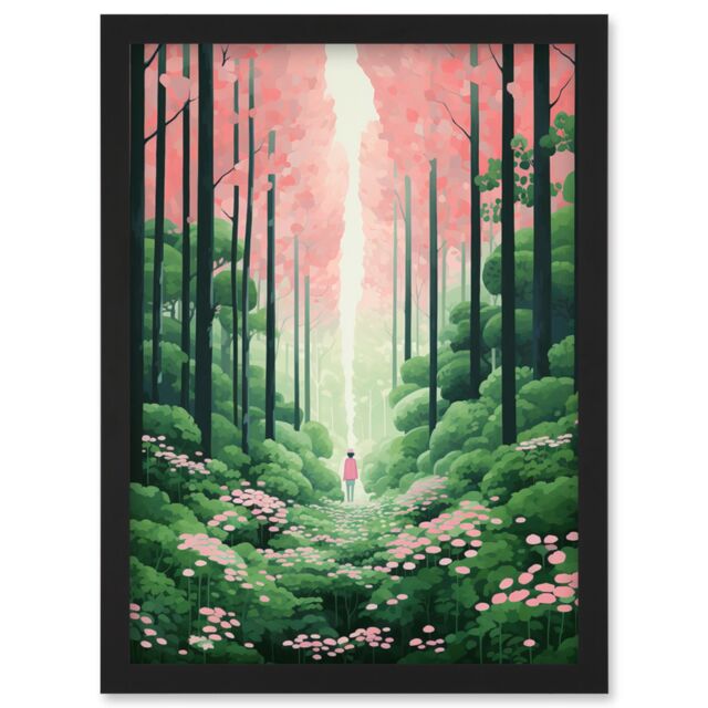 Artery8 Wall Art Print Mount Yoshino Cherry Blossom Tree Forest Bright Artwork Baby Pink Green Walk in Nature Trail Artwork Framed A4 in Black - image 1