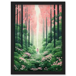 Artery8 Wall Art Print Mount Yoshino Cherry Blossom Tree Forest Bright Artwork Baby Pink Green Walk in Nature Trail Artwork Framed A4 in Black - thumbnail 1
