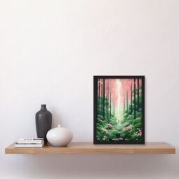 Artery8 Wall Art Print Mount Yoshino Cherry Blossom Tree Forest Bright Artwork Baby Pink Green Walk in Nature Trail Artwork Framed A4 in Black - thumbnail 2