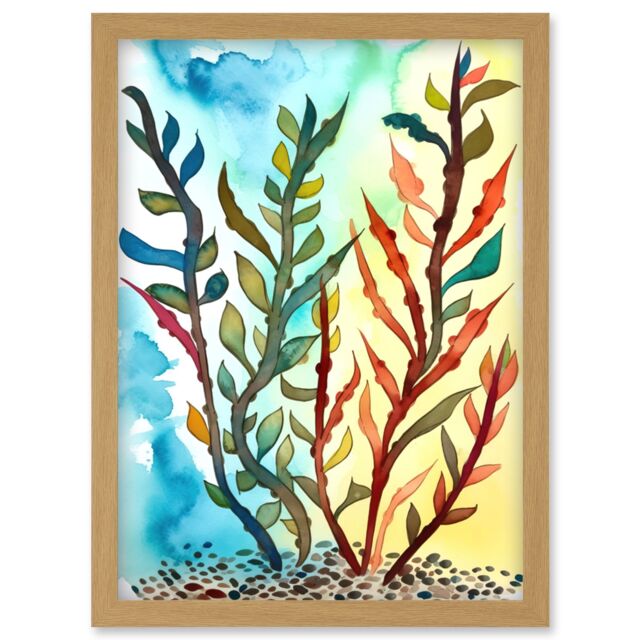 Artery8 Seaweed Sea Floor Folk Art Artwork Framed Wall Art Print A4 in Light Oak - image 1