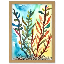 Artery8 Seaweed Sea Floor Folk Art Artwork Framed Wall Art Print A4 in Light Oak - thumbnail 1