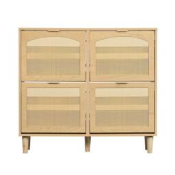 KORVIXA Narrow Rattan Shoe Cabinet 4 Drawers in Light Oak - Size: 100 cm x 100 cm