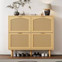 KORVIXA Narrow Rattan Shoe Cabinet 4 Drawers in Light Oak - Size: 100 cm x 100 cm - thumbnail 3