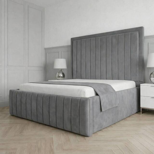 Living Comfort Bedz Sovereign Plush Velvet Upholstered Bed Slatted Base - 48Inch Headboard in Grey - Size: Double - image 1