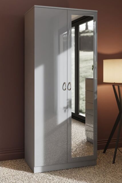 FWStyle High Gloss Grey 2 Door Mirrored Double Wardrobe - image 1