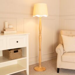 ValueLights Victoria Light Wood Candlestick Floor Lamp with Linen Scallop Trim Tapered Shade in White - thumbnail 1