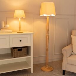 ValueLights Victoria Light Wood Candlestick Floor Lamp with Linen Scallop Trim Tapered Shade in White - thumbnail 3