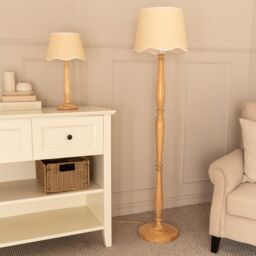 ValueLights Victoria Light Wood Candlestick Floor Lamp with Linen Scallop Trim Tapered Shade in White - thumbnail 5