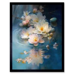 "Artery8 Wall Art Print Fallen Cherry Blossom Flower Water Ripples Modern Watercolour Painting Art Framed in Black - Size: W12"" x H16""" - thumbnail 1