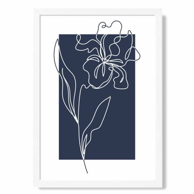 ARTZE Navy Blue & White Flower Floral Line Art Framed Print SIZE: A3 with White Frame - image 1
