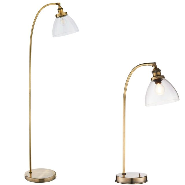 Loops Standing Floor & Table Lamp Set Antique Brass Glass Shade Retro Industrial Light in Clear - image 1