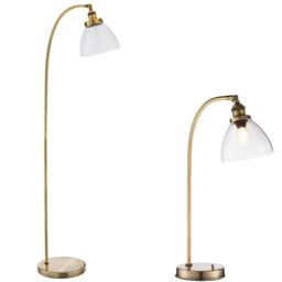 Loops Standing Floor & Table Lamp Set Antique Brass Glass Shade Retro Industrial Light in Clear - thumbnail 1