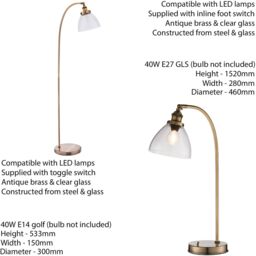 Loops Standing Floor & Table Lamp Set Antique Brass Glass Shade Retro Industrial Light in Clear - thumbnail 2