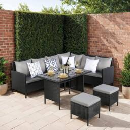 Home Garden Direct Thalia - Rattan Corner Sofa Set with Glass Table & footstools - Black Rattan Outdoor Furniture Set - 8 Seater - thumbnail 1