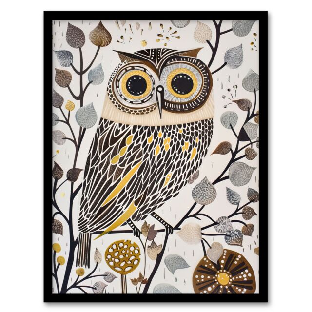 "Artery8 Rustic Quirky Owl Bird Autumn Tree Bright Fun Framed Art Print in Brown - Size: W12"" x H16""" - image 1