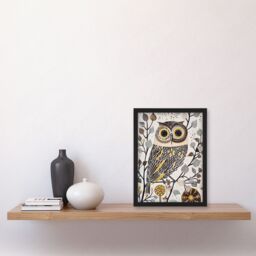 "Artery8 Rustic Quirky Owl Bird Autumn Tree Bright Fun Framed Art Print in Brown - Size: W12"" x H16""" - thumbnail 4