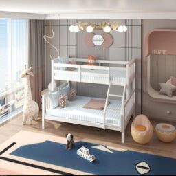 Interior Emporium Ltd Lily Wooden Trio Bunk Bed with Double Mattress - Space-Saving Solid Pine Frame - White - thumbnail 1