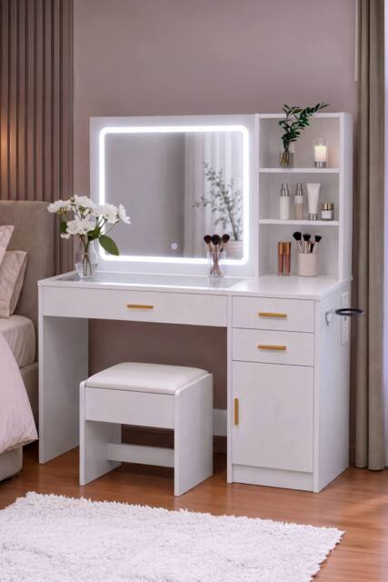 Home Discount Vida Designs Clova LED Dressing Table 3 Drawer 1 Door & 2 Shelves in White - image 1