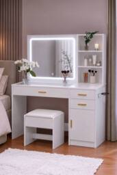 Home Discount Vida Designs Clova LED Dressing Table 3 Drawer 1 Door & 2 Shelves in White - thumbnail 1