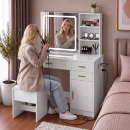 Home Discount Vida Designs Clova LED Dressing Table 3 Drawer 1 Door & 2 Shelves in White - thumbnail 4