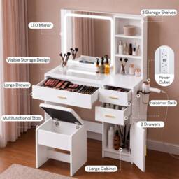 Home Discount Vida Designs Clova LED Dressing Table 3 Drawer 1 Door & 2 Shelves in White - thumbnail 5