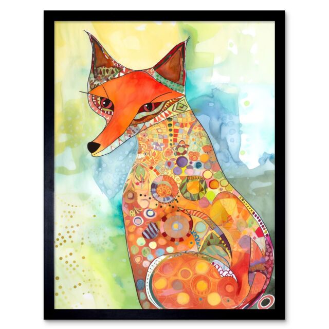 "Artery8 Wall Art Print Sitting Fox Folk Art Watercolour Painting Art Framed in Black - Size: W12"" x H16""" - image 1