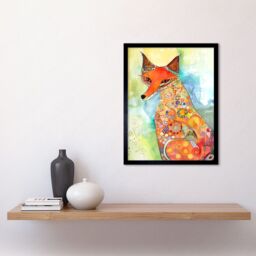 "Artery8 Wall Art Print Sitting Fox Folk Art Watercolour Painting Art Framed in Black - Size: W12"" x H16""" - thumbnail 2