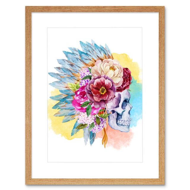 "Artery8 Wall Art Print Skull Decorated with Flowers Art Framed 9x7 inch in Beige - Size: W7"" x H9""" - image 1