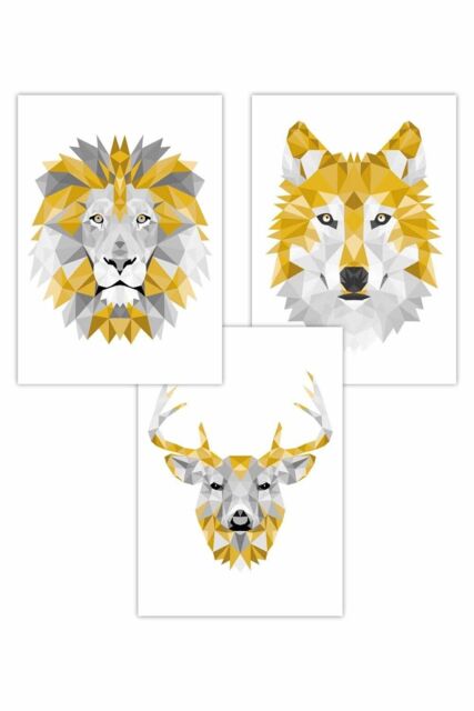 ARTZE Set of 3 Geometric Yellow Grey Animal Heads Art Posters - Size: W59 cm x H84 cm - image 1