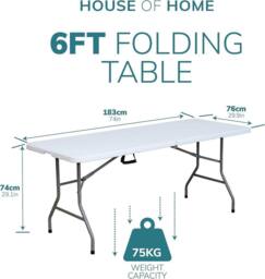 House of Home Folding Table 6ft Heavy Duty Plastic Camping Picnic Portable Banquet BBQ Tables in White - thumbnail 2