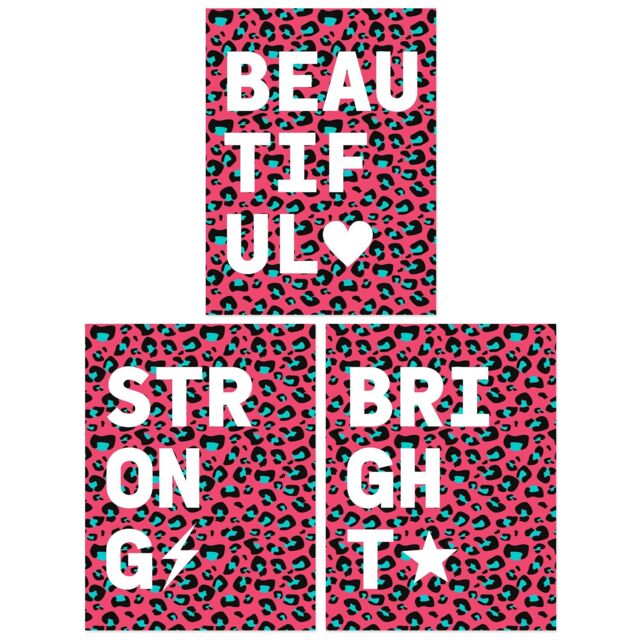 Wee Blue Coo Pack of 3 Beautiful Strong Bright Typography on Pink & Blue Leopard Pattern Bedroom Unframed Wall Art Living Room Prints Set - image 1