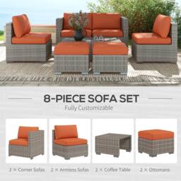 OUTSUNNY 8pc Outdoor Patio Furniture Set Weather Wicker Rattan Sofa Chair in Orange - thumbnail 4