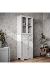 Living and Home Modern Tall Glass Door Cabinet for Bathroom & Livingroom in White