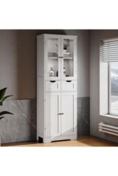 Living and Home Modern Tall Glass Door Cabinet for Bathroom & Livingroom in White - thumbnail 3