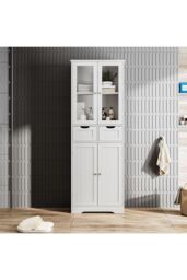 Living and Home Modern Tall Glass Door Cabinet for Bathroom & Livingroom in White - thumbnail 2