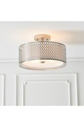 Netlighting Cordero 3 Light Flush Light Satin Nickel Plate & White Cotton Mix E27 in Grey - thumbnail 2