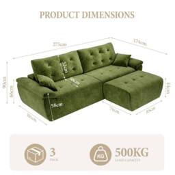 Dprodo 275CM Chenille 4 Seater Sofa, L Shaped Deep Modular Sectional Couches in Green - Size: 3 Pack - thumbnail 2