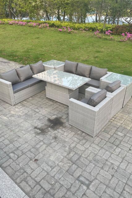 Fimous Rattan Garden Funiture Set Adjustable Rising Lifting Table Sofa Dining Set Lounge Sofa 2 Arm Chair in Light Grey - image 1