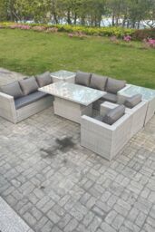 Fimous Rattan Garden Funiture Set Adjustable Rising Lifting Table Sofa Dining Set Lounge Sofa 2 Arm Chair in Light Grey - thumbnail 1